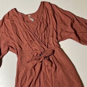 Anthropologie Linen Blend Wrap Style Dress Size 12 Mauve Puff Sleeve Knee Length